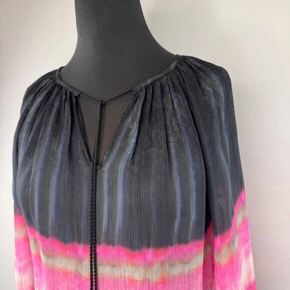 MARIE OLIVER Black Gray Pink Ombre Blouse Silk Tie Dye Split Neck Tassel Small S - Picture 2 of 7